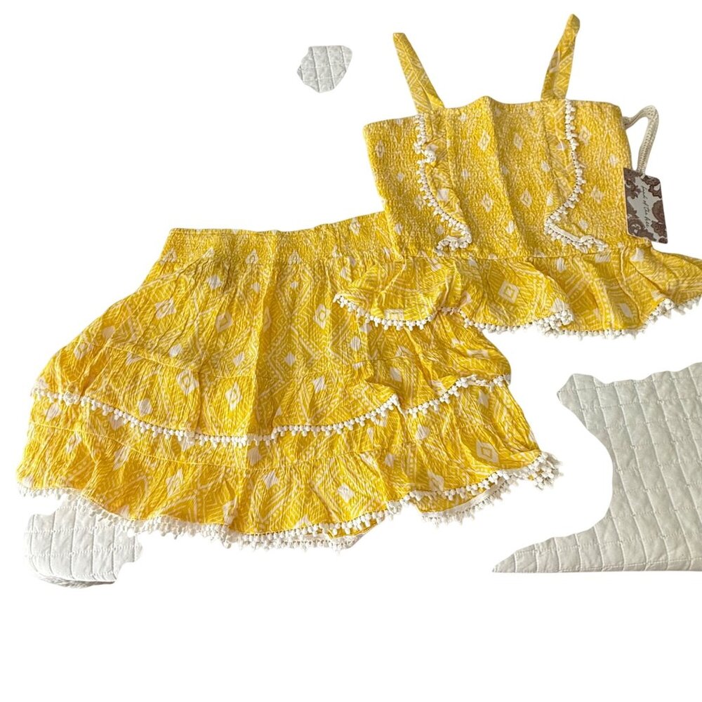 Yellow Smocked 2-Piece Skirt Set With Lace Trim By Band Of The Free, Size S - Picture 2 of 8